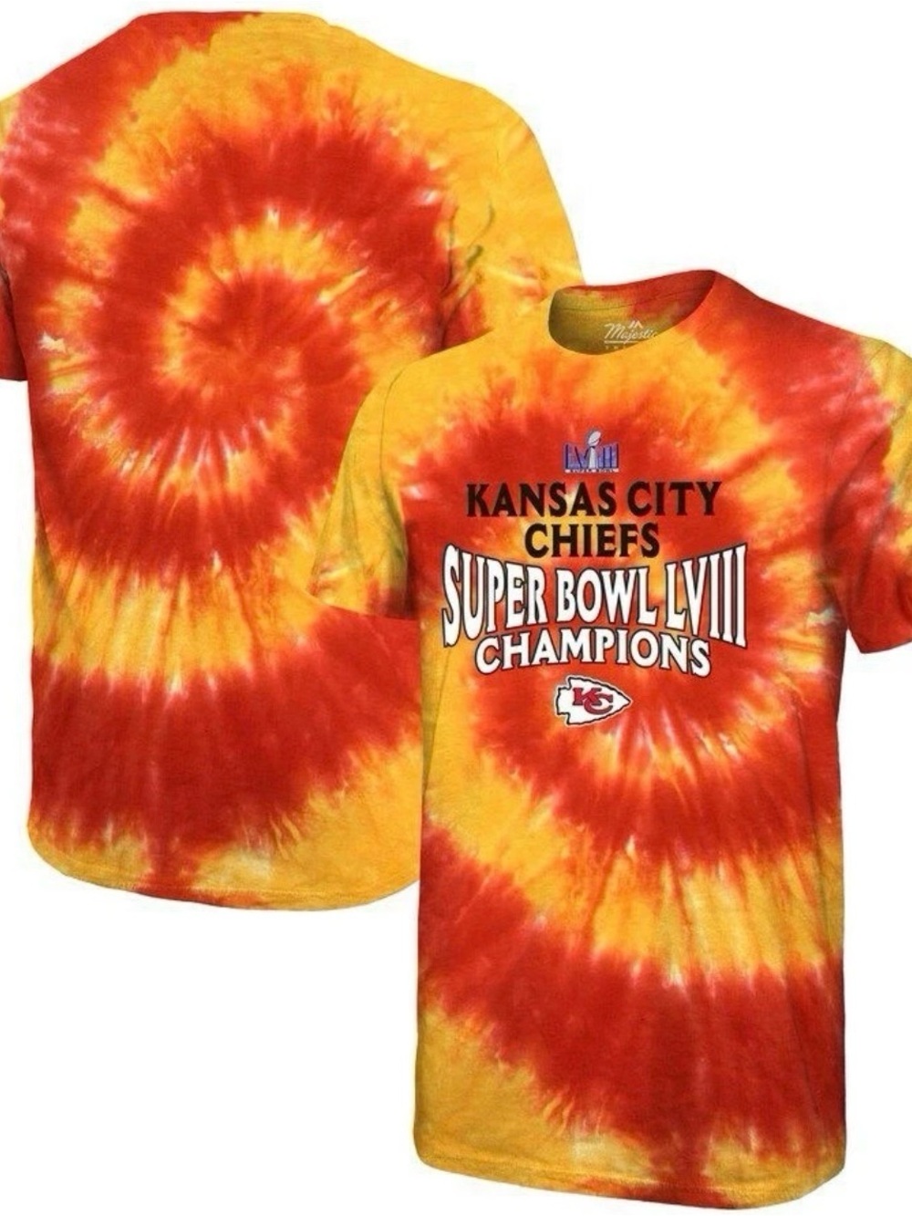 RARE NEW Kansas City Chiefs Majestic SuperBowl LVIII Champions Tie Dye T Shirt L